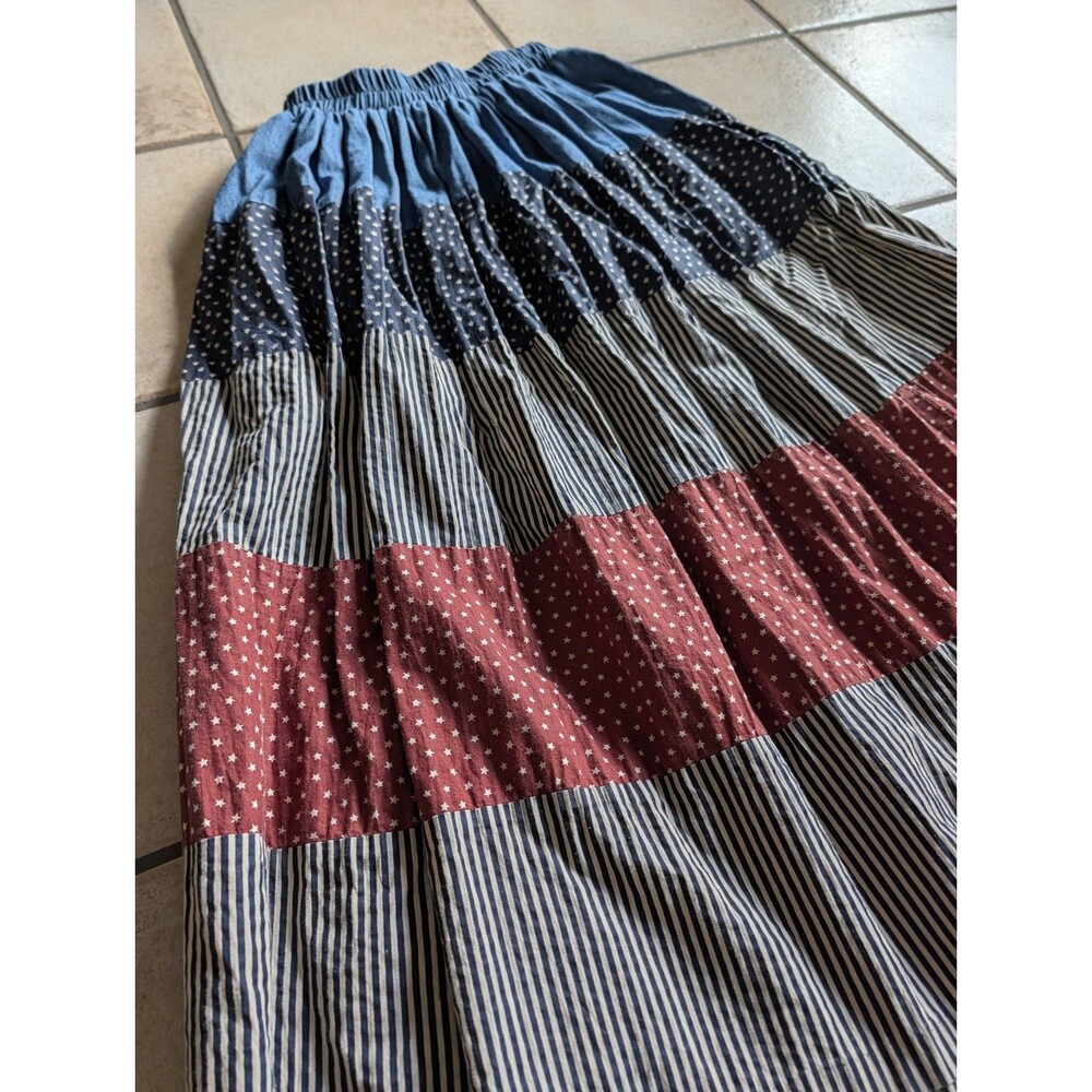 Vintage Medium Country Denim Cotton Skirt Elastic tiered Stars Stripes Rodeo USA - Picture 2 of 9